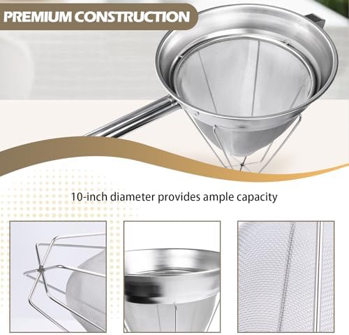 10" Chinois Strainer,18/8 Stainless Steel Conical Fine Mesh Bouillon Sieve - Image 3
