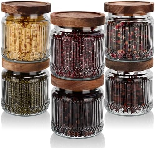 6 Pcs 500ml/17 oz Vintage Glass Jars with Wood Lids by Acellegic