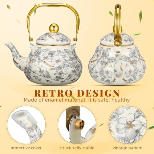 Cabilock 2.1 Quart Vintage Enamel Tea Kettle, Floral Stovetop Teapot with Porcelain Handle, Decorative Enamel Water Kettle for Tea, Coffee, Hot Water, Home Kitchen and Countertop Decor - Image 5