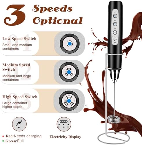 Rechargeable Milk Frother Handheld with Stand, Electric Foam Maker Coffee Frother Wand, Detachable With 3 Stainless Whisks, Drink Mixer for Lattes, Cappuccino, Matcha, Egg, Black - Image 3