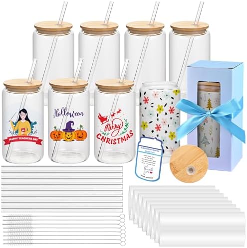 16oz Clear Sublimation Glass Tumbler with Bamboo Lid & Straw, 8-Pack by MAFYE
