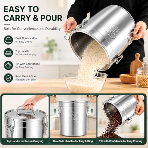33L/8.72gal Stainless Steel Airtight Canister, Food Storage Canisters with Airtight Lid&Locking Clamp, Rice Cereal Grain Canisters Container, Storager Bucket for Flour, Coffee Bean, Sugar, Cookie - Image 6