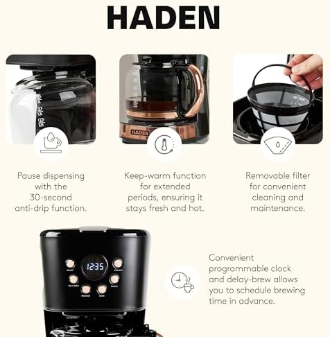 HADEN 12 Cup Programmable Drip Coffee Maker Coffee Machine, Black & Copper - Image 3