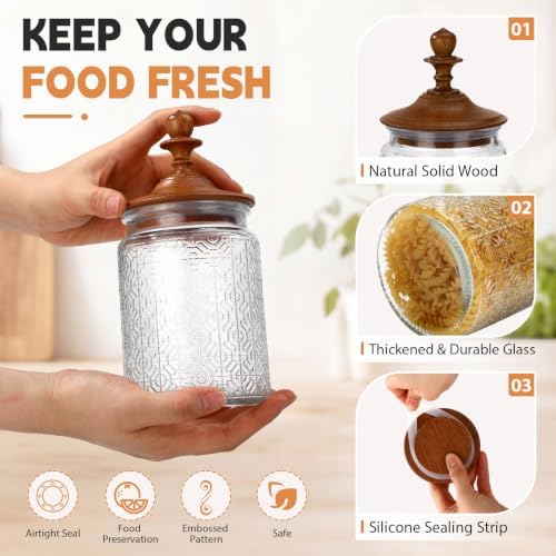 Suclain 6 Pack 24 oz Glass Spice Jars with Dark Wood Lids Vintage Canisters with Flower Pattern Airtight Food Storage Container for Home Kitchen Tea Coffee Spice Pantry Organization Decorations - Image 3