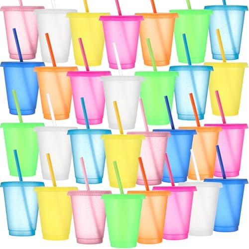 Sieral 30 Pack Reusable Plastic Cups with Lids Straws,Clear Multicolor by Sieral