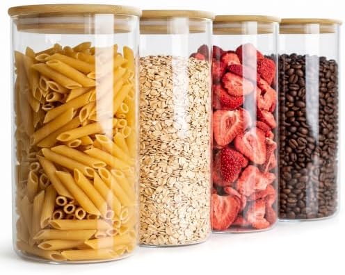 4-Pack Glass Storage Jars with Bamboo Lids, 1200ml Airtight Food Storage Containers, Clear Pantry Organizers and Storage Canisters Set for Cereal, Snack, Candy, Kitchen by Unknown