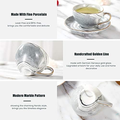 DUJUST 21 pcs Small Tea Set of 6, Gray Marble Texture with Handcraft Golden Trim, Fine Porcelain Tea pot Set for Kids&Adults, 1 Glass Teapot(22oz), 6 Cups(4oz), 6 Saucers, 6 Spoons, 1 Shelf&1 Warmer… - Image 4