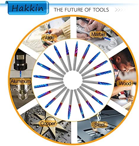 Hakkin 20 Pcs Carbide Rotary Burrs Set, End Mill CNC Router Bit, 1/8" Shank Nano Blue Coating Ball Nose End Mill, Double Cut Coat Rotary Drill for Die Grinder Woodworking, Engraving, Drilling, Carving - Image 5