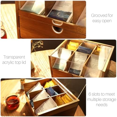 HTB Acacia Wood Tea Organizer 2 Tier with Drawer,Large Capacity - Image 4