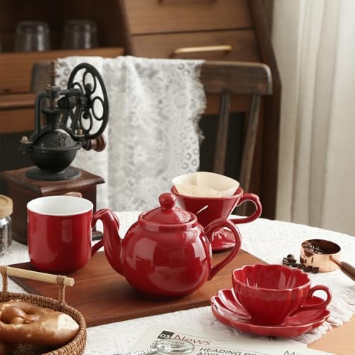 Ceramic Flower-shaped Tea Cup and Saucer Set 5oz/150ml Cappuccino Coffee Mug and Saucer, Unique Designer Pottery Gift for Tea Lovers (Red) - Image 3