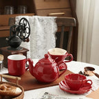 Ceramic Flower-shaped Tea Cup and Saucer Set 5oz/150ml Cappuccino Coffee Mug and Saucer, Unique Designer Pottery Gift for Tea Lovers (Red) - Image 3