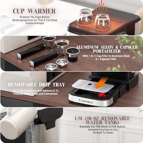 20 Bar Espresso Machine with Milk Frother Steam, Stainless Steel 1100W - Image 4