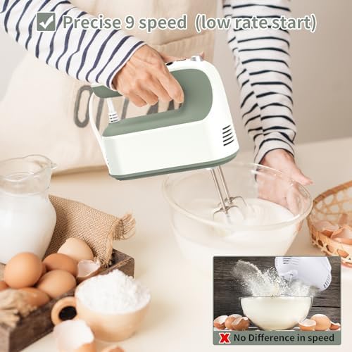 Yomelo 9-Speed Digital Hand Mixer Electric, 400W Powerful DC Motor, Hand Mixer Electric Handheld with Snap-On Storage Case, 5 Stainless Steel Accessories, Beaters, Dough Hooks, Whisk(Light Green) - Image 4