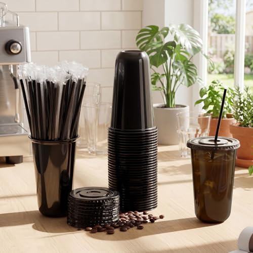 Ziliny 50 Sets 18oz Black Plastic Cups with Lids and Straws Disposable Cups - Image 2