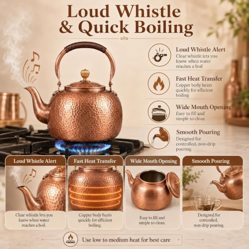 Vintage Copper Tea Kettle, Whistling Stovetop Water Pot with Rope Handle - Image 5