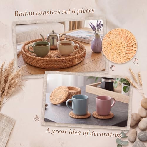 6 Pcs Rattan Coasters with Holder, Rattan Round Serving Tray Set - Image 5