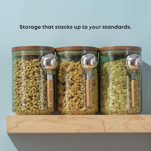 JoyJolt Holden 32oz Stackable Glass Storage Containers with Lids and Scoops, Airtight Food Canister Set of 3 w/Acacia Wood Lids, Round Stacking Pantry and Kitchen Containers w/Scoop | Sage Green - Image 5