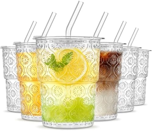 INSETLAN Iced Coffee Cups with Lids and Straws, 13 oz Glass Tumbler by INSETLAN