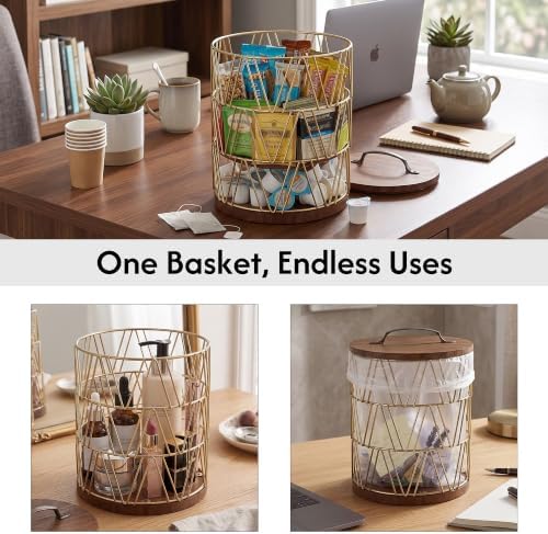 Gold Coffee Pod Holder Geometric V-Shape Wire Storage Basket with Wood Lid - Image 5