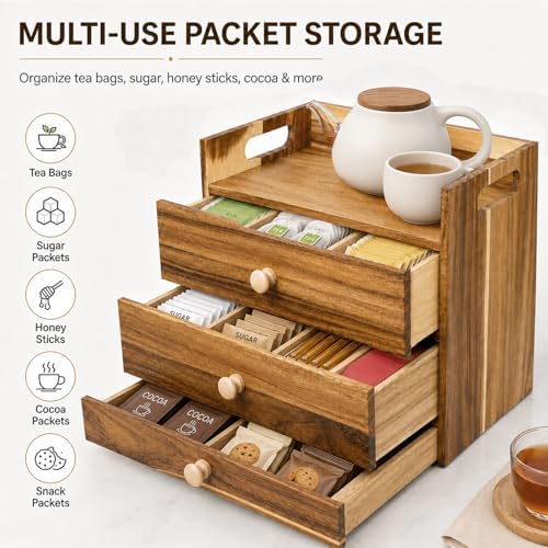 Acacia Wood Tea Bag Organizer, 3-Tier Tea Organizers with 14 Compartments - Image 7