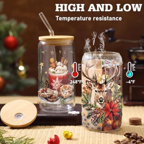 Teenyyou 12 Sets of Christmas Glasses Cups with Bamboo Lid and Glass Straw 16 oz Vintage Christmas Glass Jar Winter Drinking Cups Santa Snowman Elk Coffee Cup for Women Men Xmas Holiday Party Gifts - Image 4