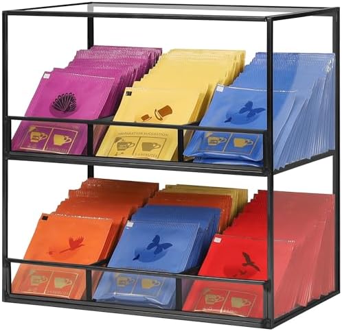 REDHUGO Glass Tea Bag Organizer, 2-Tier Tea Bag Holder for Counter, Black by REDHUGO