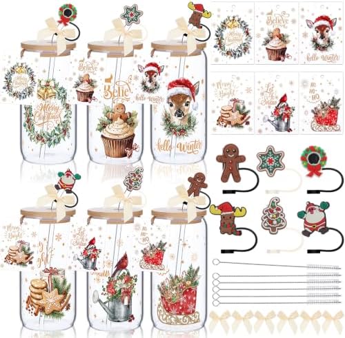 Vesici 6 Set Christmas Glasses Cups 16 oz Xmas Drink Cup with Lid Straw and Stopper Can Shaped Beer Tumbler Christmas Appreciation Gifts with Cards and Bow for Women Birthday Party Favor(Vintage) by Vesici