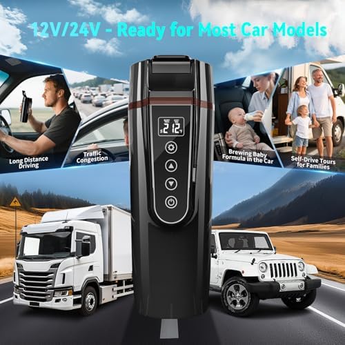 Car Electric Kettle for Travel : FVPE 12V/24V Small Electric Water Kettle, Multi-Temp Control 400 mL Portable Car Water Boiler for Brewing Coffee Tea,LCD Display 304 Stainless Steel Truck Heating Cup - Image 5