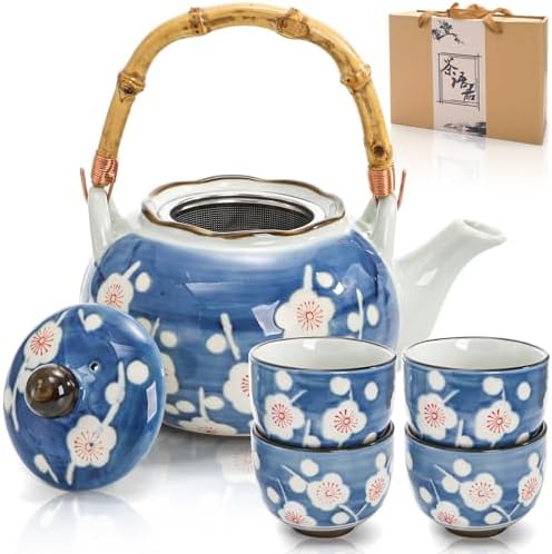 Japanese Tea Set, Ceramic Floral Tea Pot and 4 Pieces Cups by Nagpew