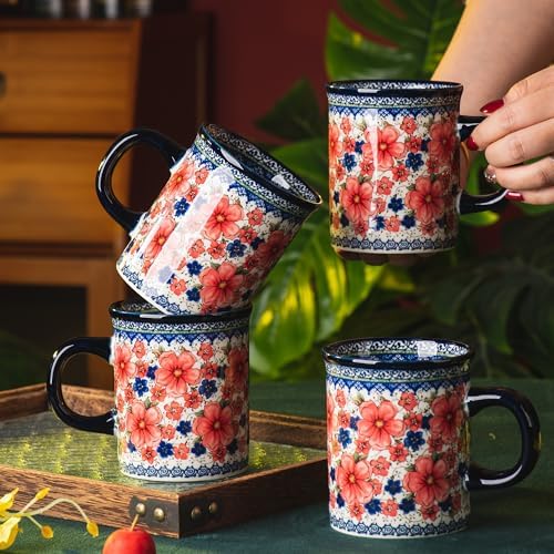 Ceramic Latte Mug Set of 4, 15.5oz Hand Painted Porcelain Coffee Cups With Handle for Tea/Milk/Cocoa - Modern Retro Design For Any Kitchen. Microwave and Dishwash Safe (Snow and Plum) - Image 3