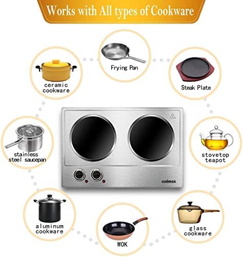 CUSIMAX 1800W Ceramic Electric Hot Plate for Cooking, Double Burner, Silver - Image 3