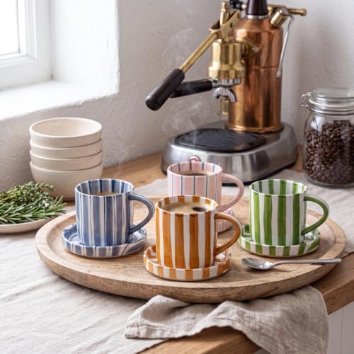 Willinglong 4 Pcs 8 Oz Hand Painted Striped Ceramic Coffee Mug Saucer Set, Retro Cappuccino Cup, Underglaze Safe, Microwave Dishwasher Safe, Gift for Tea Latte Espresso - Image 3