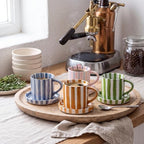 Willinglong 4 Pcs 8 Oz Hand Painted Striped Ceramic Coffee Mug Saucer Set, Retro Cappuccino Cup, Underglaze Safe, Microwave Dishwasher Safe, Gift for Tea Latte Espresso - Image 3