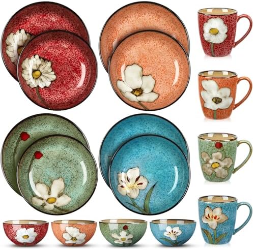 Qinyoung 16 Pcs Dinnerware Set Reusable Kitchen Bowls Plates and Mugs Set Ceramic Bowls Deep Plates Coffee Mugs Dishwasher, Microwave, Oven Safe for Breakfast Lunch Dinner Tea Party, Service for 4 by Qinyoung