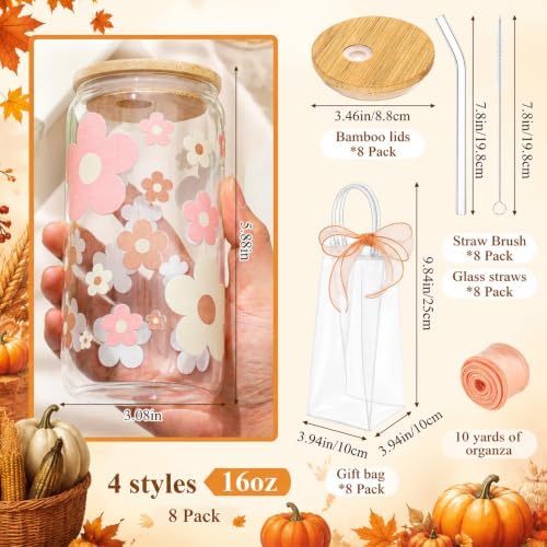 Mumufy 8 Sets Boho Daisy Cute Glass Cups Bulk with Lids and Straws 16 oz - Image 2