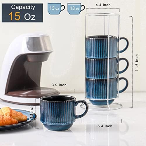 HASENSE 15 Oz Ribbed Stackable Coffee Mug Set of 4, Ceramic Latte Cups with Metal Stand, Dishwasher & Microwave Safe, Navy Blue for Cappuccino Tea Hot Cocoa - Image 3