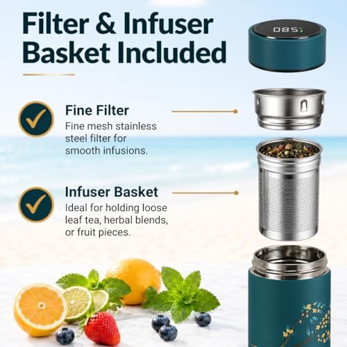 Farasi Tea Infuser for Loose Leaf Tea Smart Water Bottle with Temperature Display, Stainless Steel Insulated Coffee and Fruit Tea Infuser Bottle - Green Floral Travel Tea Mugs 15 oz - Image 5