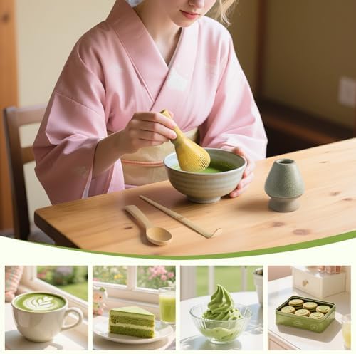 4 Piece Matcha Japanese Ceremony Set, Resin Matcha Whisk, Bamboo Spoon, Bamboo Scoop, Whisk Stand, Perfect Set for Preparing, Yellow - Grid Green - Image 4