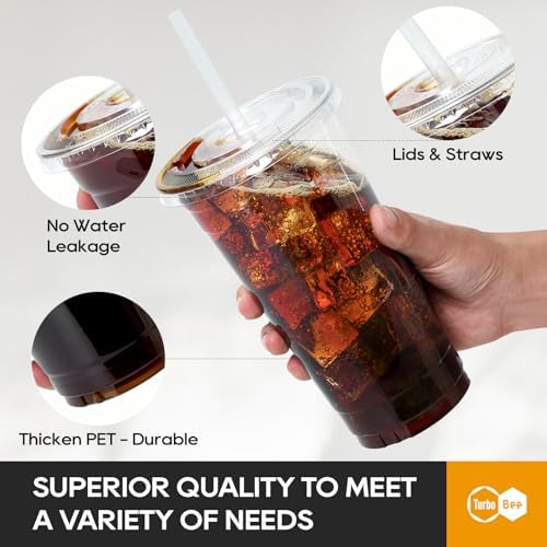 Turbo Bee 50 Sets 32 OZ Clear Plastic Cups with Lids and Straws, Disposable To Go Iced coffee cups with lids for Cold Drinks, Smoothie, and Slushie - Image 3