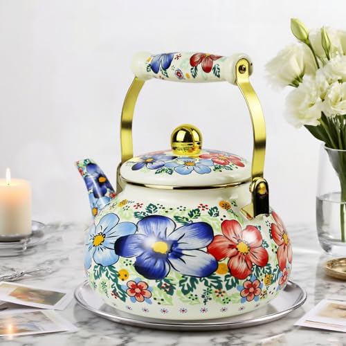 Floral Enamel Tea Kettle 2.5L Vintage Stovetop Teapot for Hot Water Tea - Image 2