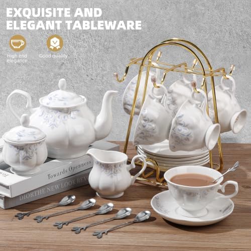 CHENP.HMC Tea Set 22-Piece Porcelain Ceramic Coffee Tea Gift Sets Cups Saucer Service for 6 Teapot Sugar Bowl Creamer Pitcher and Teaspoons (XT) - Image 2