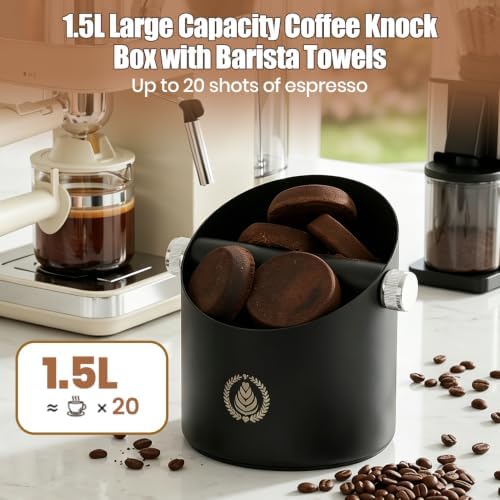 Espresso Knock Box,1.5L Large Capacity Coffee Knock Box with Barista Towels,Removable Knock Bar & Non-Slip Base,Stainless Steel Espresso Accessories for Home,Café & Coffee Cart - Image 3