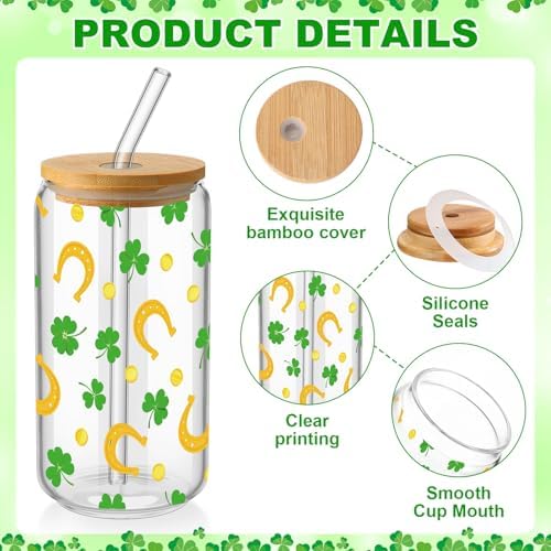 6 Pcs St Patrick's Day Glass Cups Shamrock Tumbler with Bamboo Lids and Straws 16 oz Irish Lucky Clover Reusable Can Shaped Drinking Glasses Bulk for St Patrick's Day Party Supplies - Image 3
