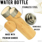 Natrual Bamboo, BPA-Free, Vacuum-Sealed Insulated, Hot-Cold Water Bottle Bamboo and Stainless Steel Water Bottle with Tea Infuser - Image 4