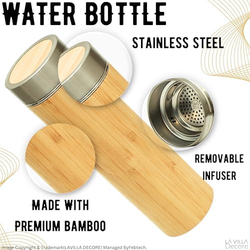Natrual Bamboo, BPA-Free, Vacuum-Sealed Insulated, Hot-Cold Water Bottle Bamboo and Stainless Steel Water Bottle with Tea Infuser - Image 4