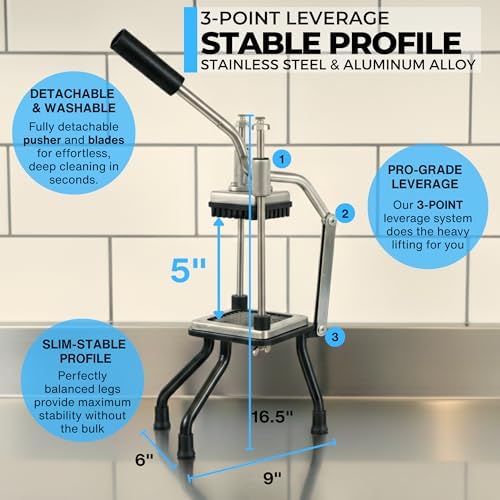 ICO Professional French Fry Cutter & Potato Cutter - Industrial Grade Vertical Potato Slicer for Regular & Sweet Potatoes - 2 Stainless Steel Blades with Universal Pusher & High-Stability Tripod Base - Image 5