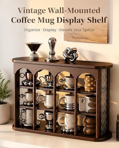 Mug Shelf, Coffee Mug Shelf for Wall, Coffee Cup Display Shelf, Vintage Wall-Mounted Curio Case, Countertop Solid Wood Cup Rack for Living Room or Kitchen - Image 3