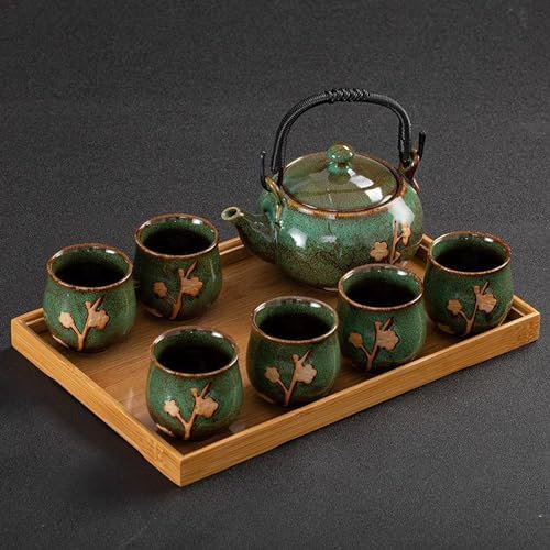 KEYDUACU Japanese Tea Set, Kiln-Formed Ceramic Tea Set, Plum Blossom Embossed, Includes 1 Teapot, 6 Teacups,Tea Tray,Strainer, Used for home, outdoor, gift, Chinese Kung Fu Tea Set(FDMH-GREEN) - Image 2