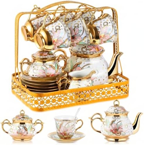 22 Pcs Vintage Porcelain Tea Sets for 6, White Magnolia Floral by Suttmin
