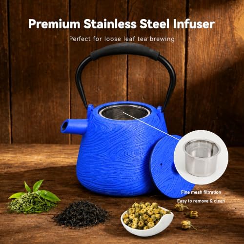 Cast Iron Teapot 34 oz (1000 ml) with Infuser, Water Wave Design, Blue - Image 5
